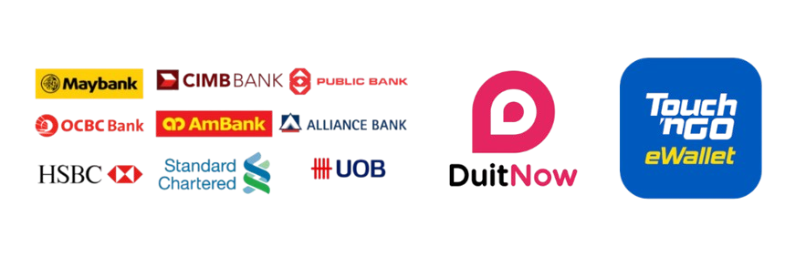 支持的付款方式：Maybank、CIMB、Public Bank、OCBC、AmBank、Alliance Bank、HSBC、Standard Chartered、UOB、Touch n Go eWallet